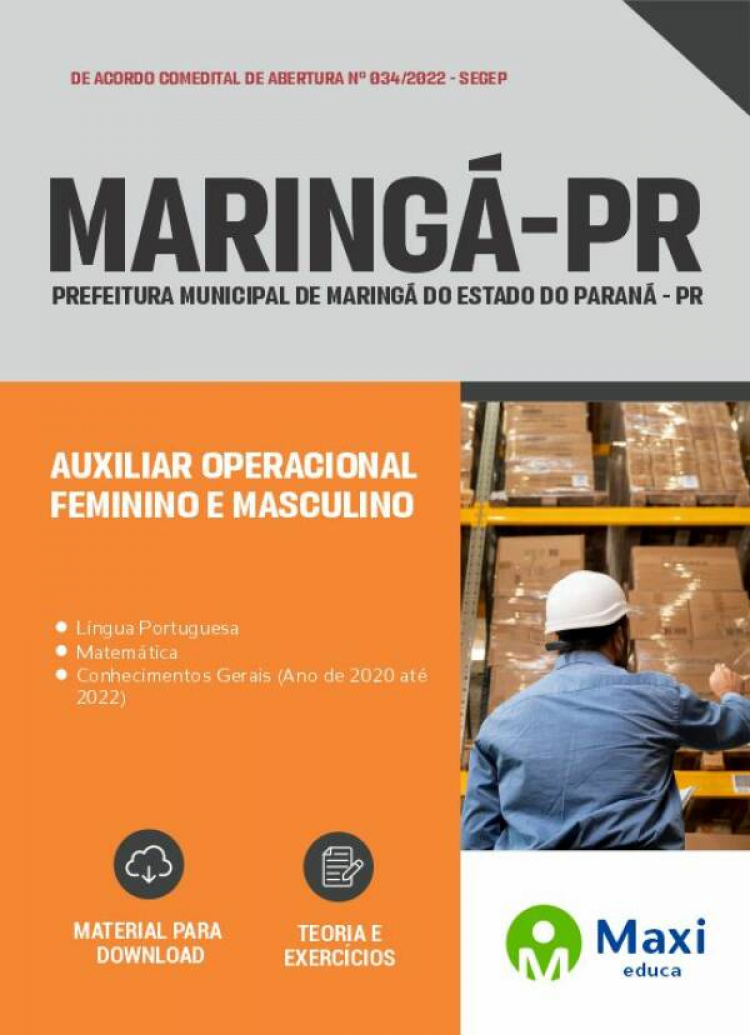 - Apostila Maringá - PR - 2022 Auxiliar Operacional - Feminino e Masculino