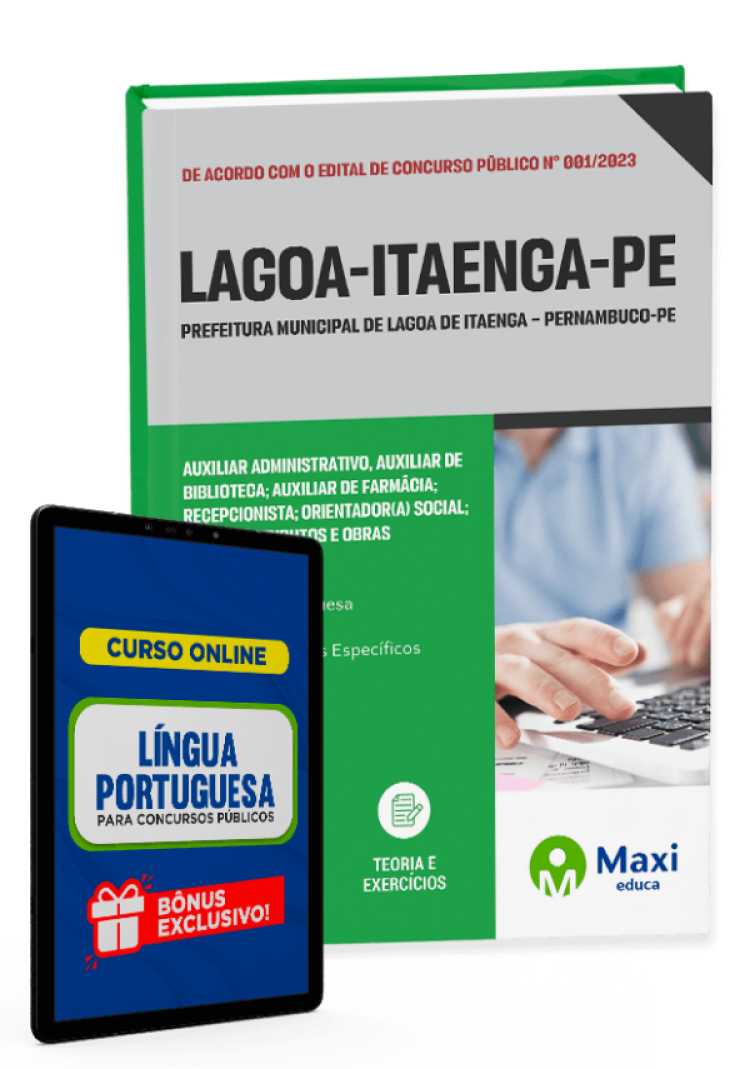 - Apostila Prefeitura de Lagoa de Itaenga - PE - 2023 Auxiliar Administrativo, Auxiliar de Biblioteca; Auxiliar de Farmácia; Recepcionista; Orientador(A) Social; Fiscal de Tributos e Obras